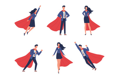 Super businessman characters. Business man and woman in different hero