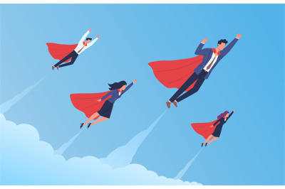 Super businessman team. Flying men and women in flowing capes and suit