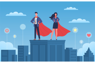 Business heroes. Woman and man with red capes on skyscraper roof, city