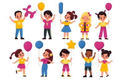 Kids with balloons. Cartoon fun happy girls and boys hold balls, littl