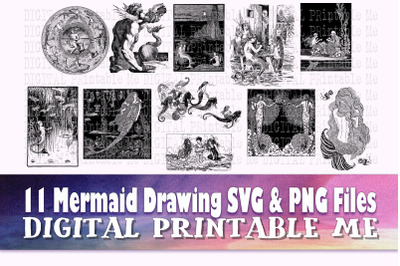 Mermaid svg, detailed vintage bundle, PNG, clip art, 11 Digital, , Fan