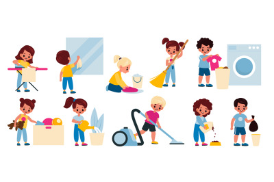 Kids cleaning home. Children housework activity. Girls and boys washin