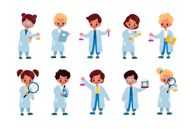 Kids scientists. Cartoon children in medical coats with different labo