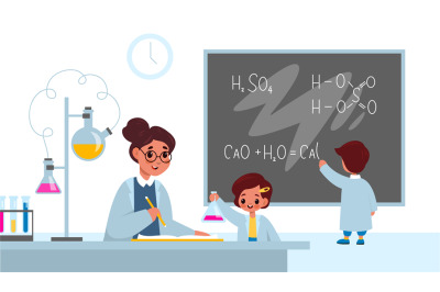 Chemistry lesson. Students in classroom interior with teacher&2C; boy wri