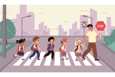 Children crosswalk. Students group with backpacks cross street with ad