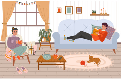 Couple at home. Young girl and guy in a cozy room pleasant winter hygg