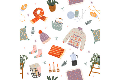 Cozy home objects seamless pattern. Comfortable atmosphere interior el