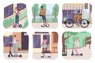 Ecology transport scenes. Different ages people use urban eco vehicles