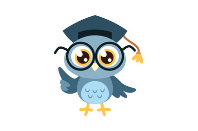 Cartoon owl. Cute clever bird with glasses and hat, funny joyful anima