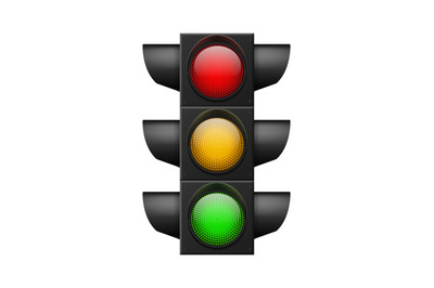 Realistic traffic lights with three colors red, yellow and green. Urba