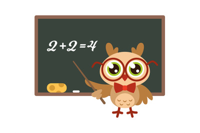 School owl near blackboard. Cute bird with glasses teaching mathematic