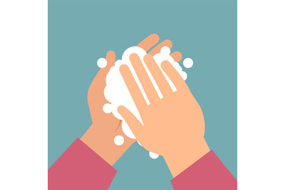 Washing hands. Human palms with foam bubbles to prevent virus and bact