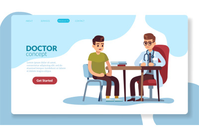 Medical landing page. Young cartoon characters doctor and patient web