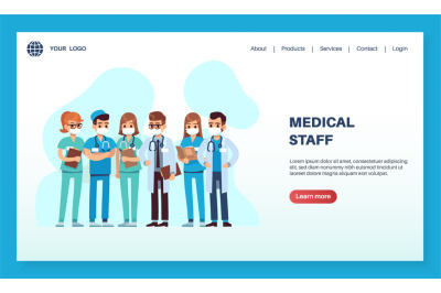 Medical staff landing page. Male and female doctors and nurses charact