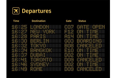 Airport led board. Aircrafts departures and terminal number gate timet