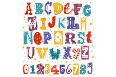 Funny kids font. Comic childish latin letters and arabic numbers, crea