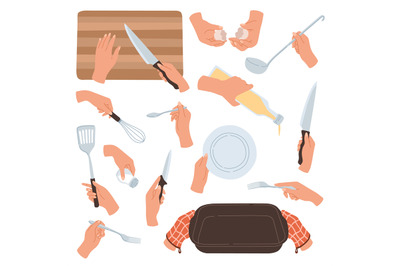 Cooking hands. Female hands holding kitchen accessories, utensils and