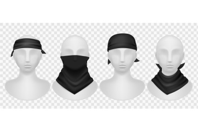 Realistic black bandana. Mannequins mockup with dark kerchief&2C; wearing