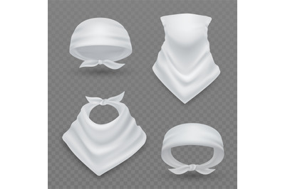 Realistic white bandana. 3d blank mockup, fabric headband, handkerchie