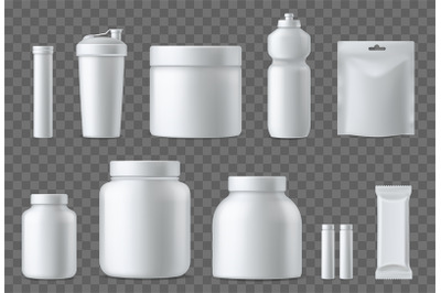 Sport nutrition containers. Realistic blank white plastic packaging mo