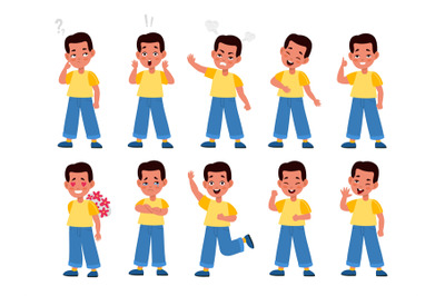 Boy emotions. Child character in emotional poses, face expressions, te