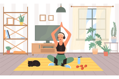 Woman sports in room. Meditation in lotus position, female doing physi