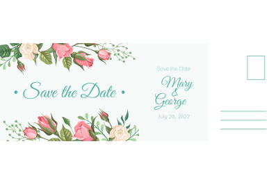 Wedding postcard. Romantic card&2C; elegant pink rose flowers and leaves