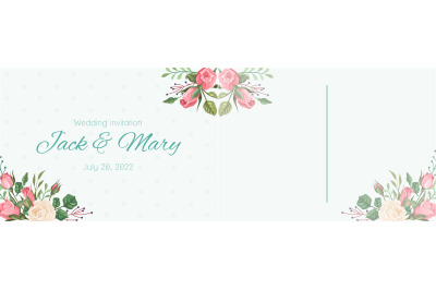 Wedding postcard. Elegant pink rose flowers and leaves&2C; romantic card