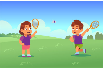 Children play badminton. Happy boy and girl with racket and shuttlecoc