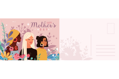 Mothers day card. Women portraits with flowers letter template&2C; multin