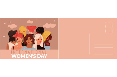 International womans day card. Multiethnic women portraits&2C; beautiful