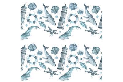 Sea watercolor seamless pattern. Ocean, sea. Whales, fish, lighthouse