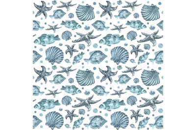 Underwater world watercolor seamless pattern. Fish, shells, starfish