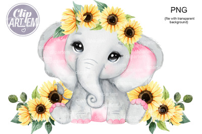 Rustic Watercolor Pink Baby Girl Elephant Sunflower Crown PNG clip art