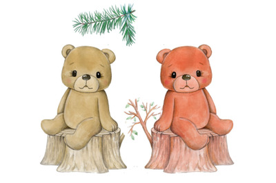 Teddy bears in forest. Watercolor illustration.