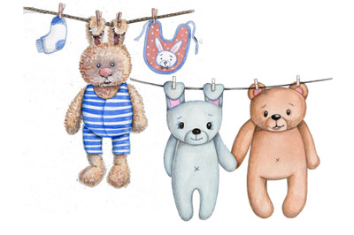 Toys on a rope, teddy bear and bunny rabbits.