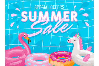 Special offers summer sale banner poster, pink flamingo and unicorn