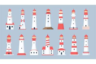 Lighthouse towers. Cartoon sea beacon design. Coastline marine navigat