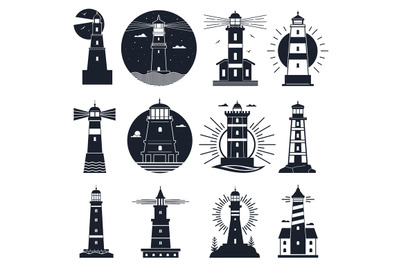 Lighthouses logo. Nautical vintage label, sea beacons, ocean with wave