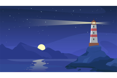 Lighthouse at night. Sea beacon with beam on rocky coast. Cartoon navi