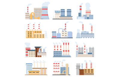 Factory buildings. Eco power plants with solar panels and windmill, ch