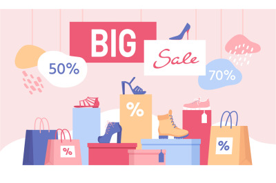 Shoe discount. Big sale banner with shopping bags and women footwear o