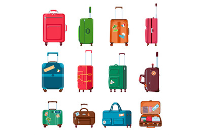 Travel suitcases. Backpacks, bags, plastic or metal open suitcase with