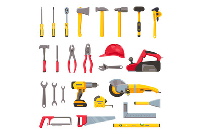 Building tools. Construction hardware, screwdriver, hammer, saw and dr