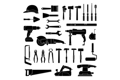 Working hand tools silhouette. Construction and home repair toolkit lo