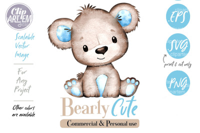 Blue Brown Bear Baby Boy PNG clip art, sublimation, watercolor