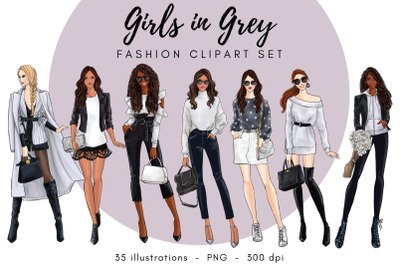 Girls in Grey Fashion Clipart Set