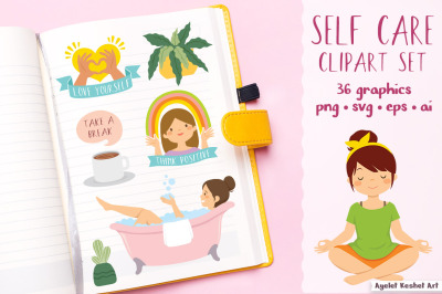 Self Care clipart set. Yoga, relaxation, positivity and self love.