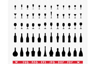 SVG Wine Bottles and Glasses &2C; Black silhouette&2C; Digital clipart