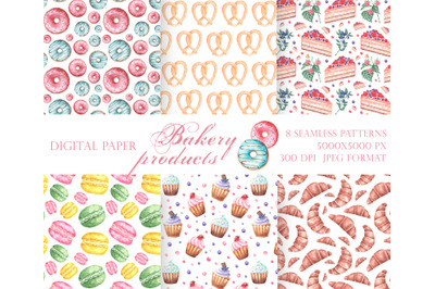 Baking watercolor seamless pattern. Confectionery. Donut, cupcakes